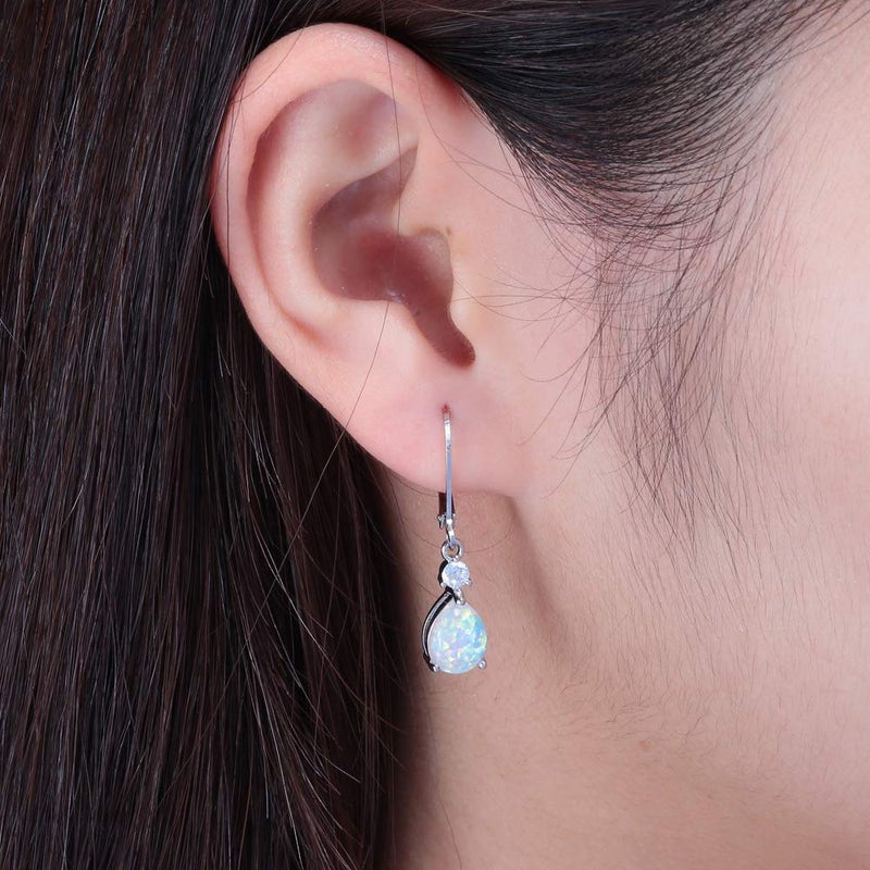 CiNily Womens Opal Dangle Earrings Leverback Drop Earrings 14K White Gold Plated Teardrop Gemstone Earrings - Image 4
